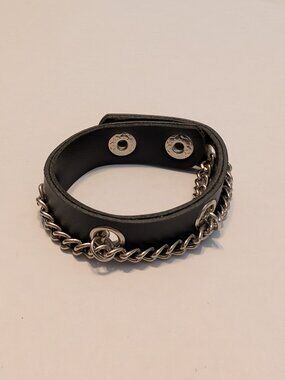 Vintage GUANG TONG Faux Leather Silver Chain Adjustable Bracelet 8" Double Snap